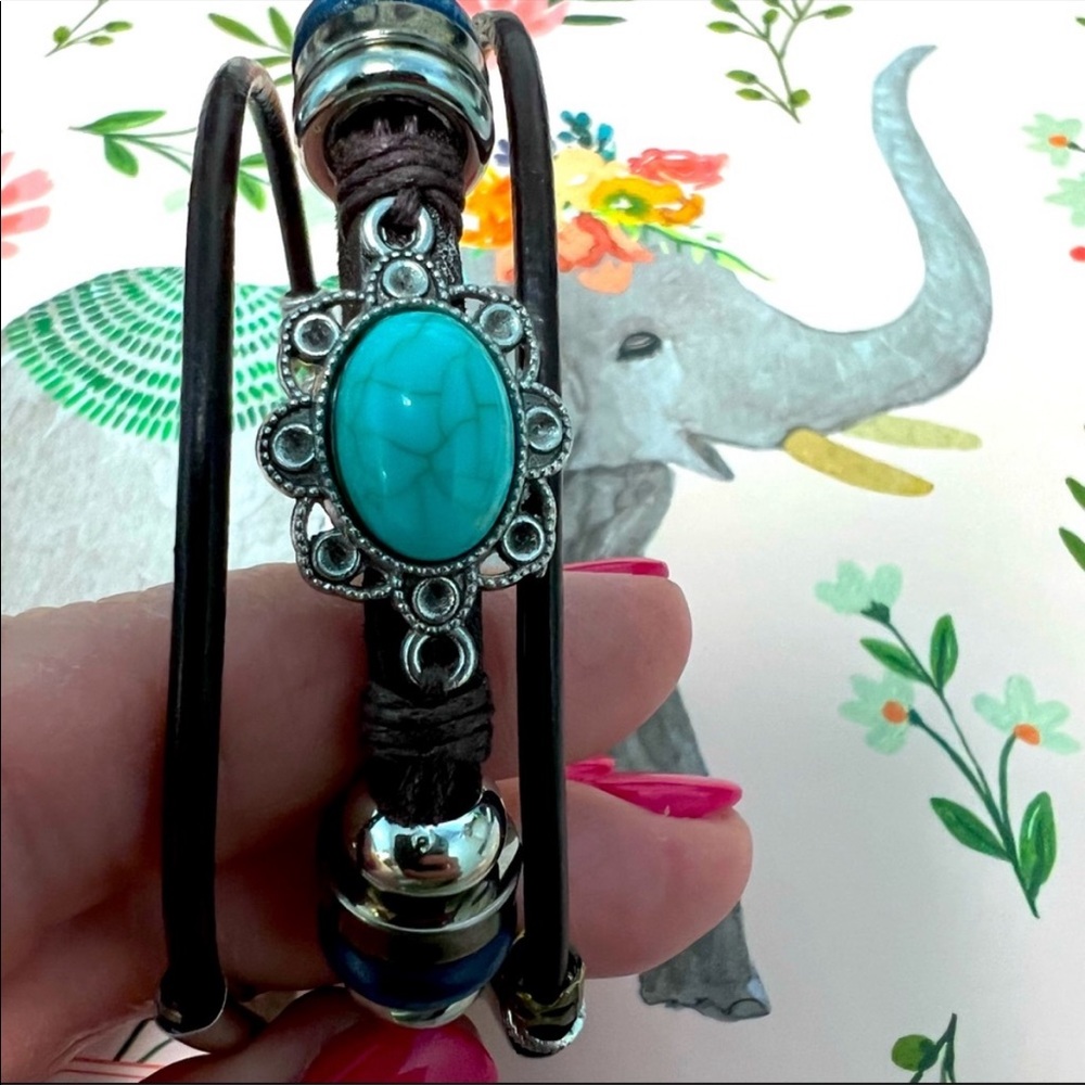 Vintage style bohemian turquoise leather bracelet multilayered - Picture 6 of 7